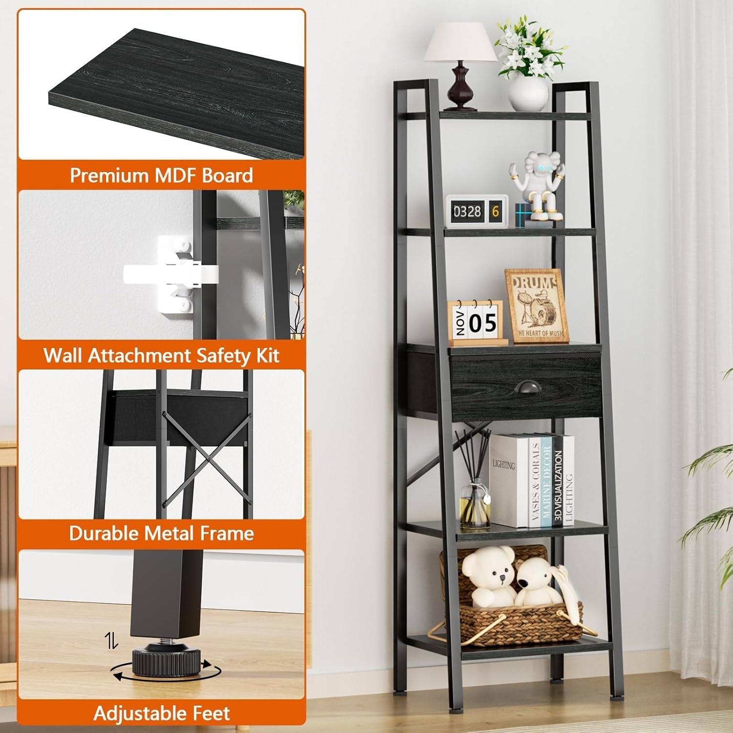 5 Tier Ladder Bookshelf Narrow Black Oak With Drawer