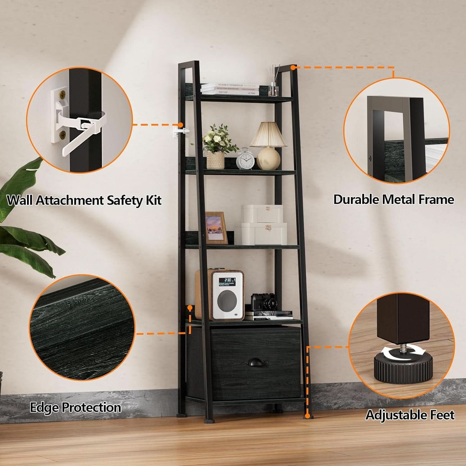 5 Tier Ladder Shelf With Drawer Narrow Black Oak Finish