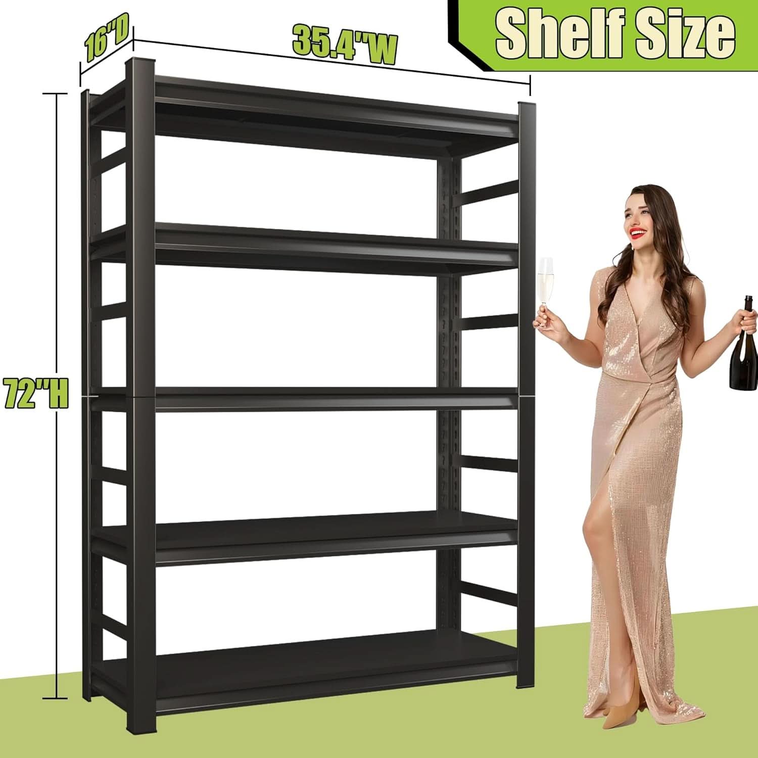 5 Tier Metal Wide Bookshelf Black Tall 72 Inch High
