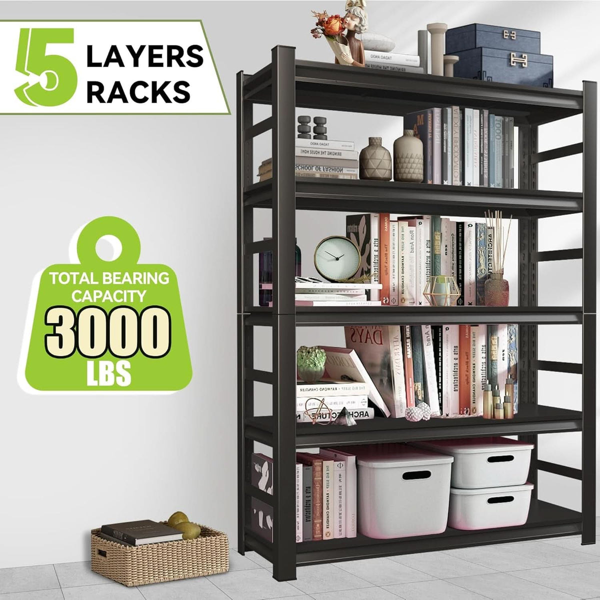 5 Tier Metal Wide Bookshelf Black Tall 72 Inch High