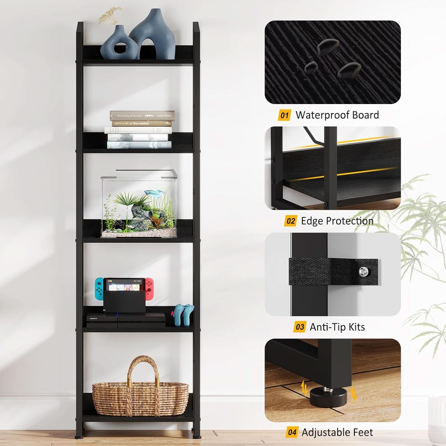 5 Tier Narrow Bookshelf With Edge Protection Bookcase