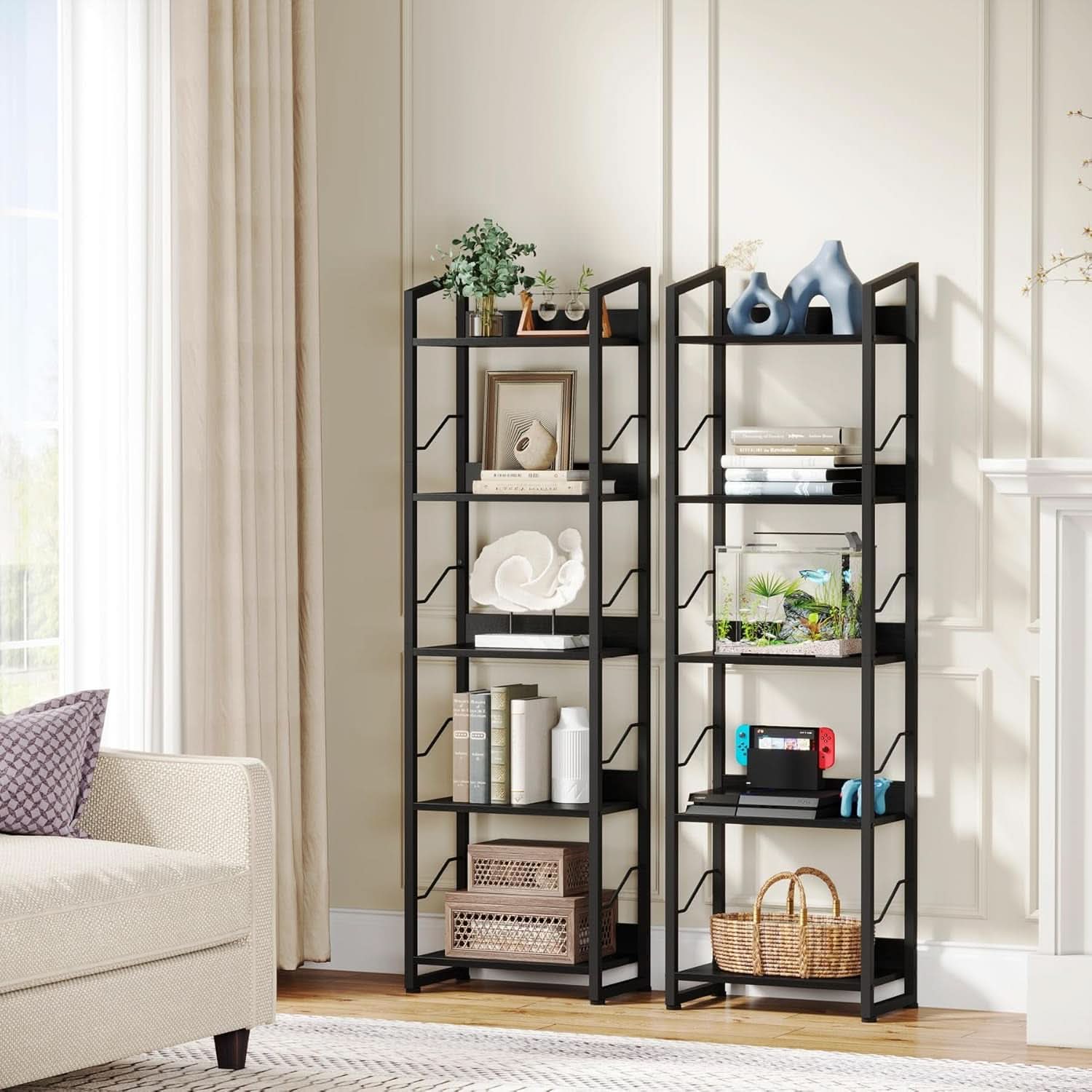 5 Tier Narrow Bookshelf With Edge Protection Bookcase