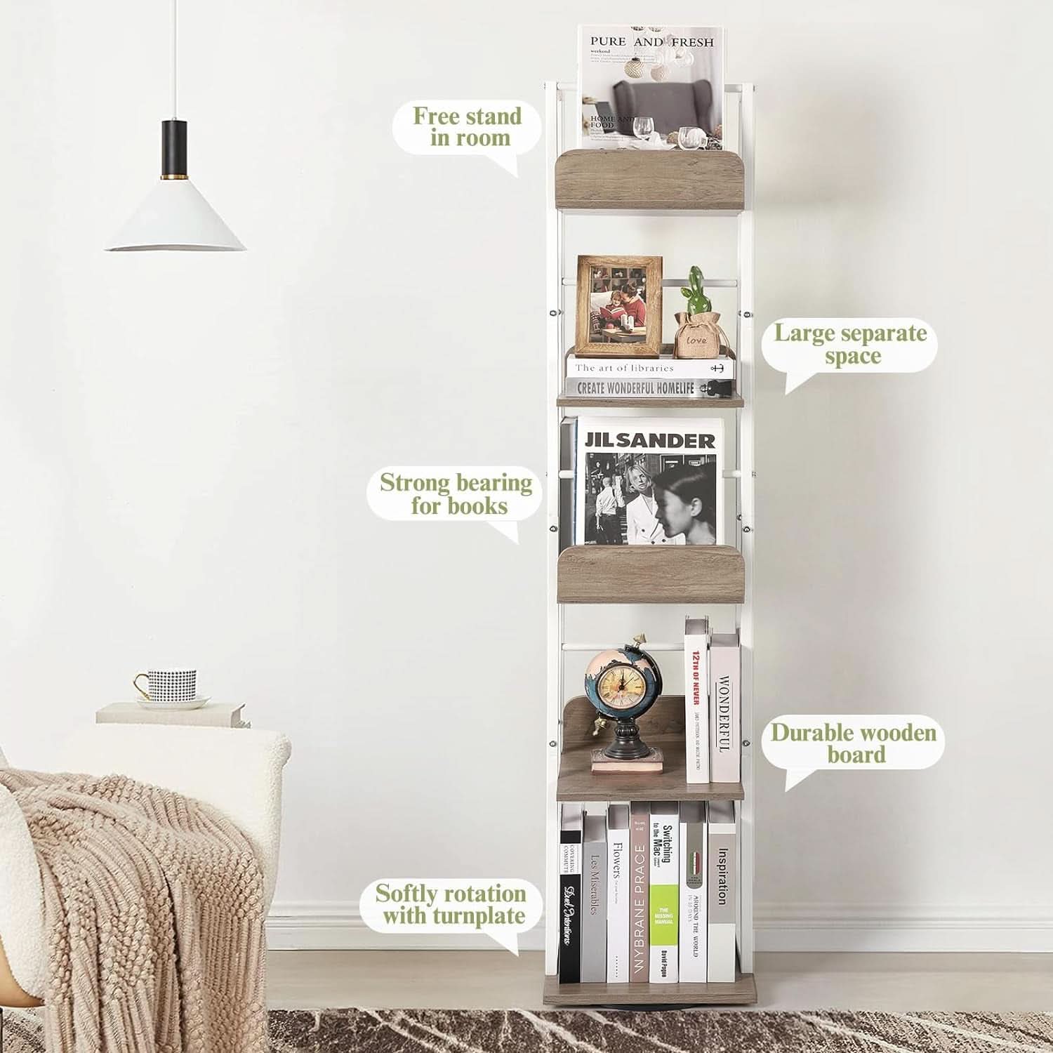 5-Tier Rotating Corner Bookshelf White Wood And Metal Slim