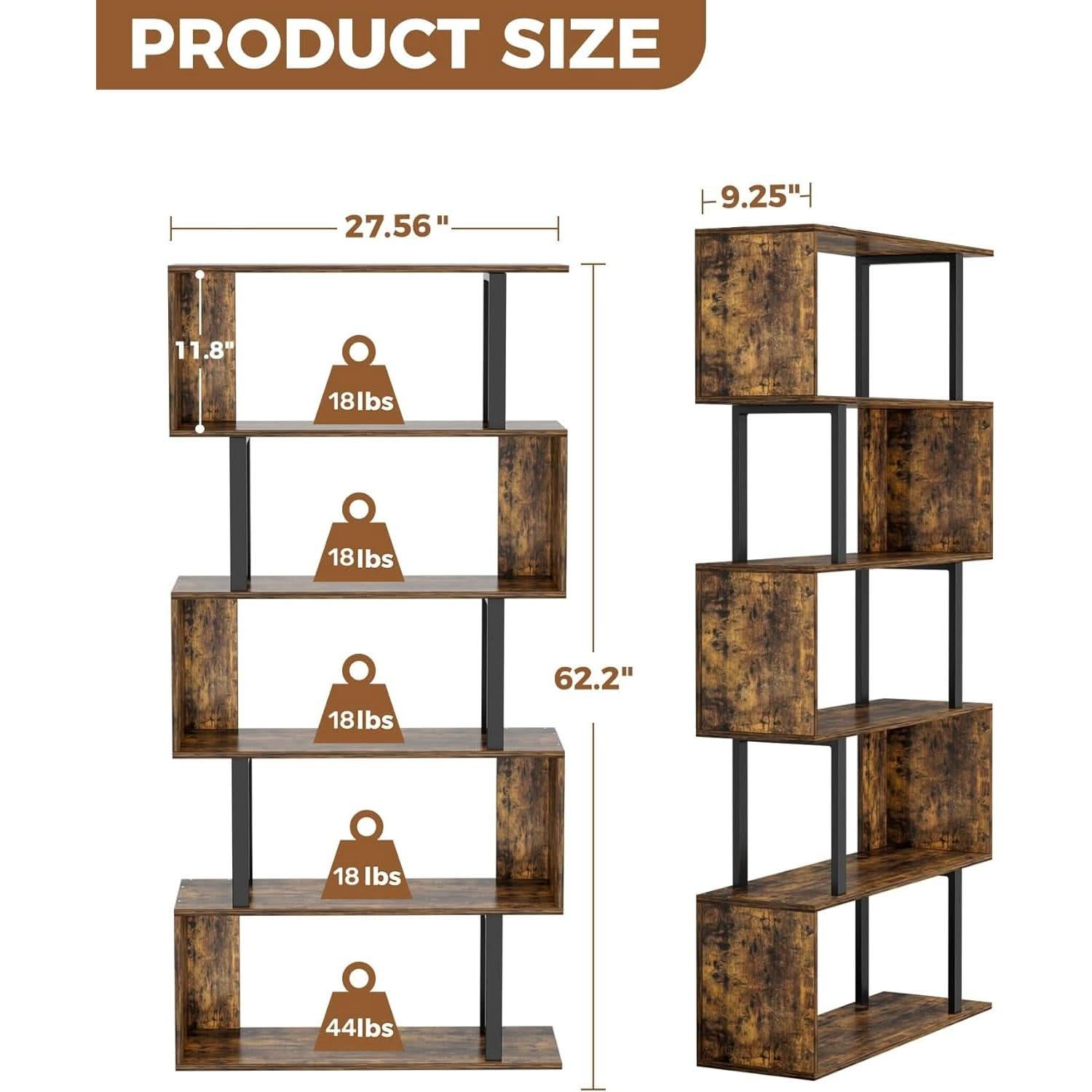 5-Tier S Shaped Bookcase In Rustic Brown Wood Shelving