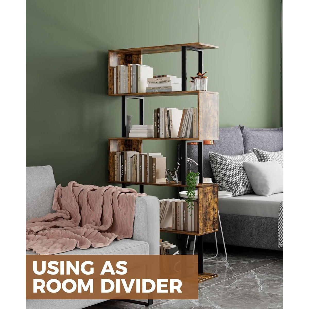 5-Tier S Shaped Bookcase In Rustic Brown Wood Shelving