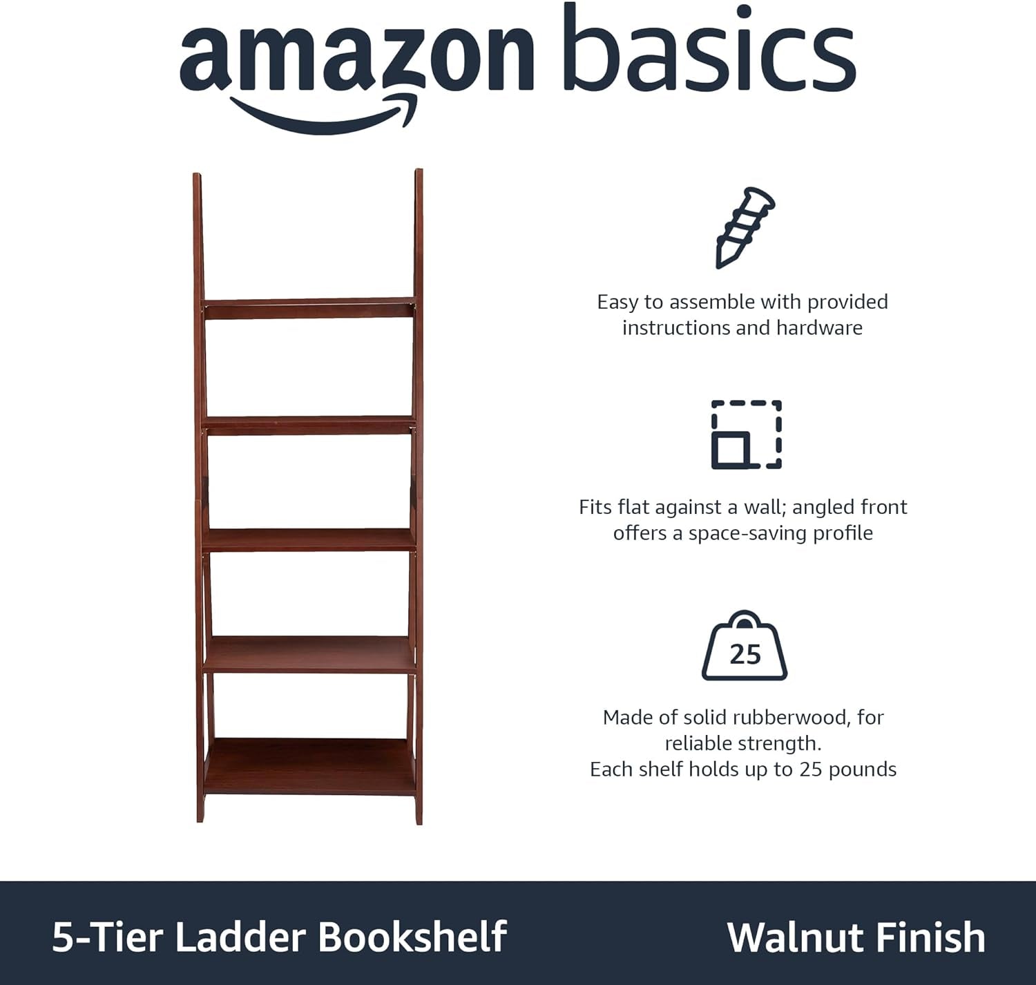 5 Tier Walnut Rubberwood Ladder Bookshelf Organizer