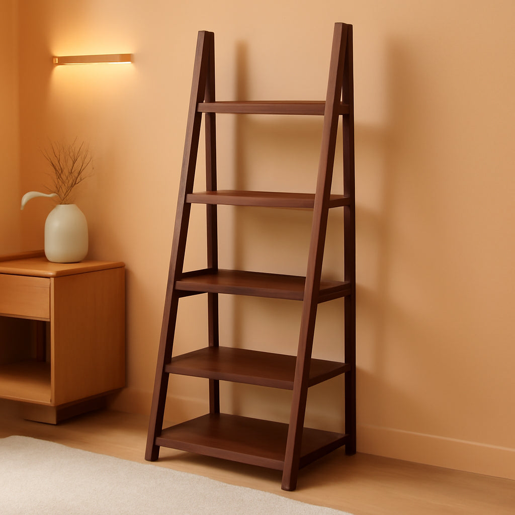 5 Tier Walnut Rubberwood Ladder Bookshelf Organizer