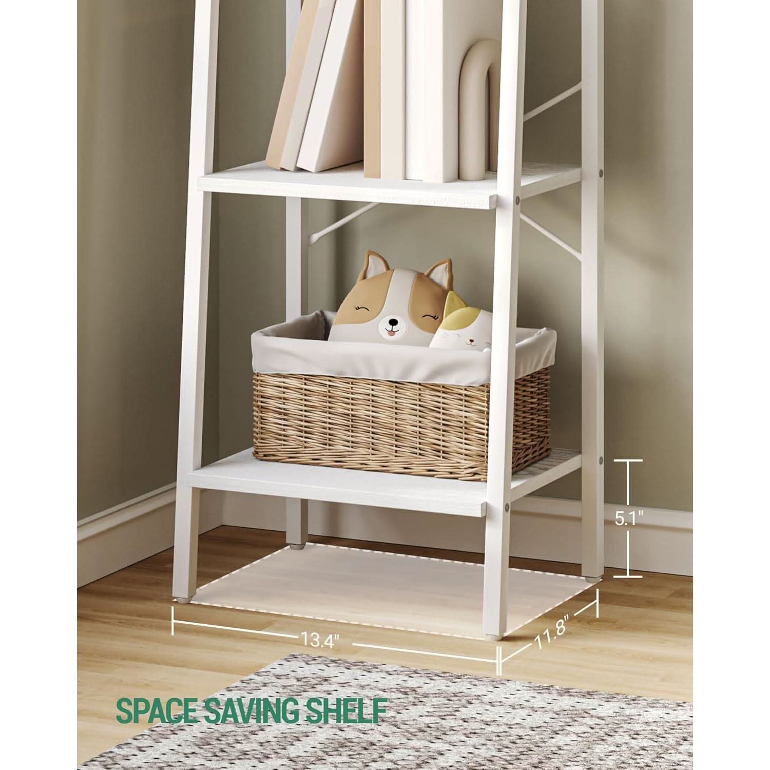 5 Tier White Ladder Shelf Bookcase With Two Hooks For Corner