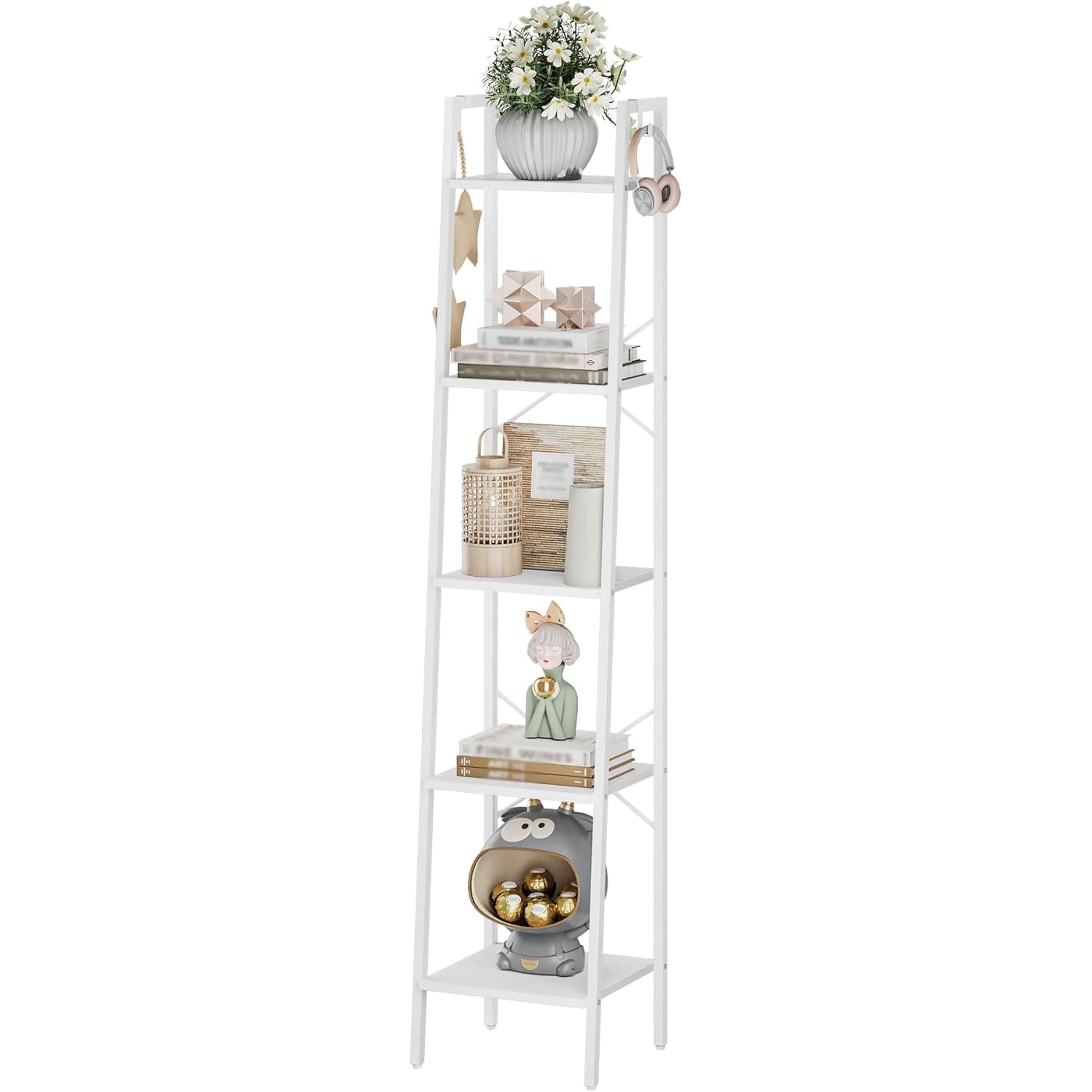 5 Tier White Ladder Shelf Bookcase With Two Hooks For Corner