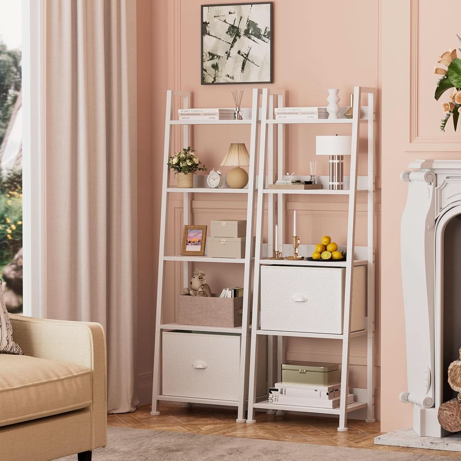 5 Tier White Ladder Shelf With Removable Fabric Drawer