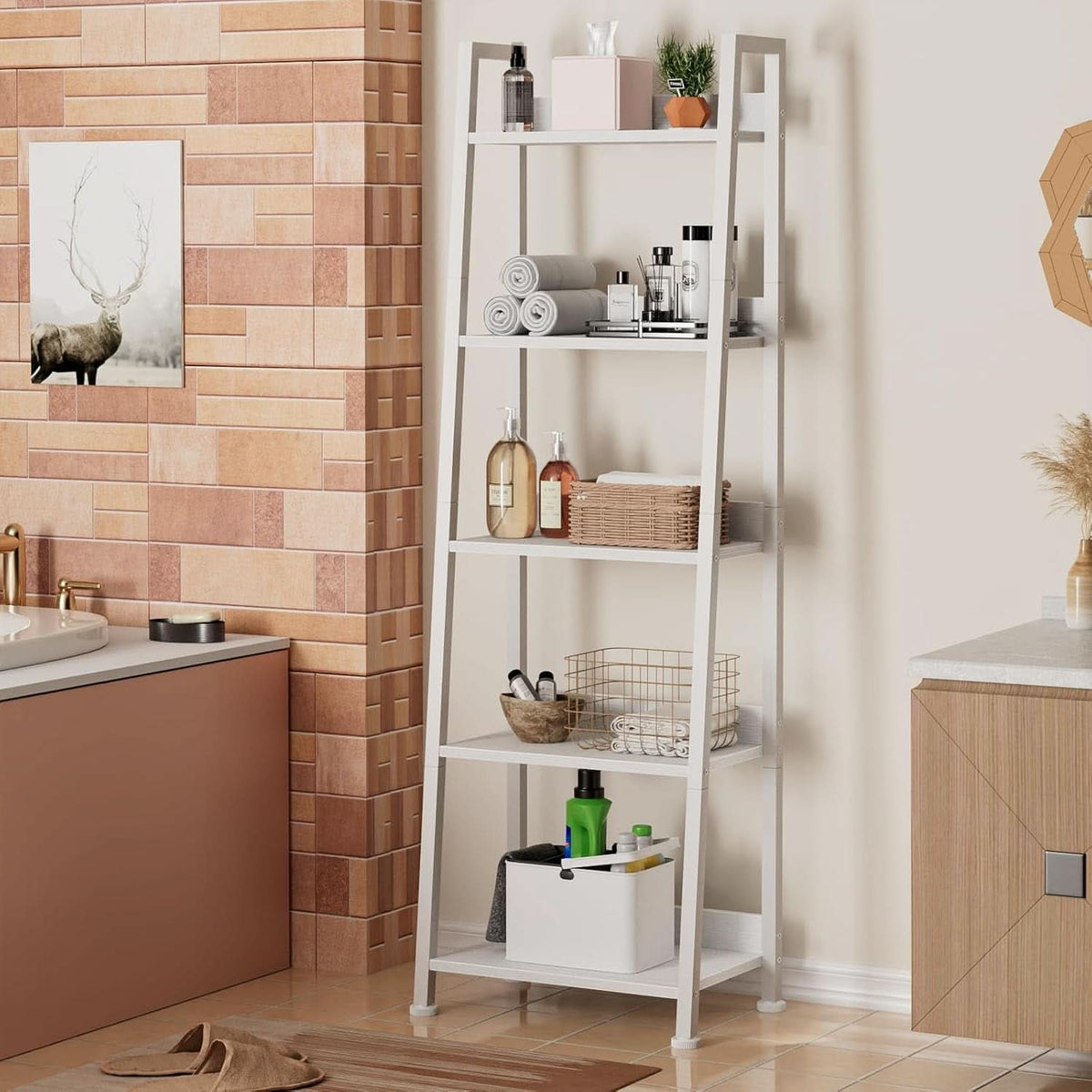 5 Tier White Ladder Shelf With Removable Fabric Drawer