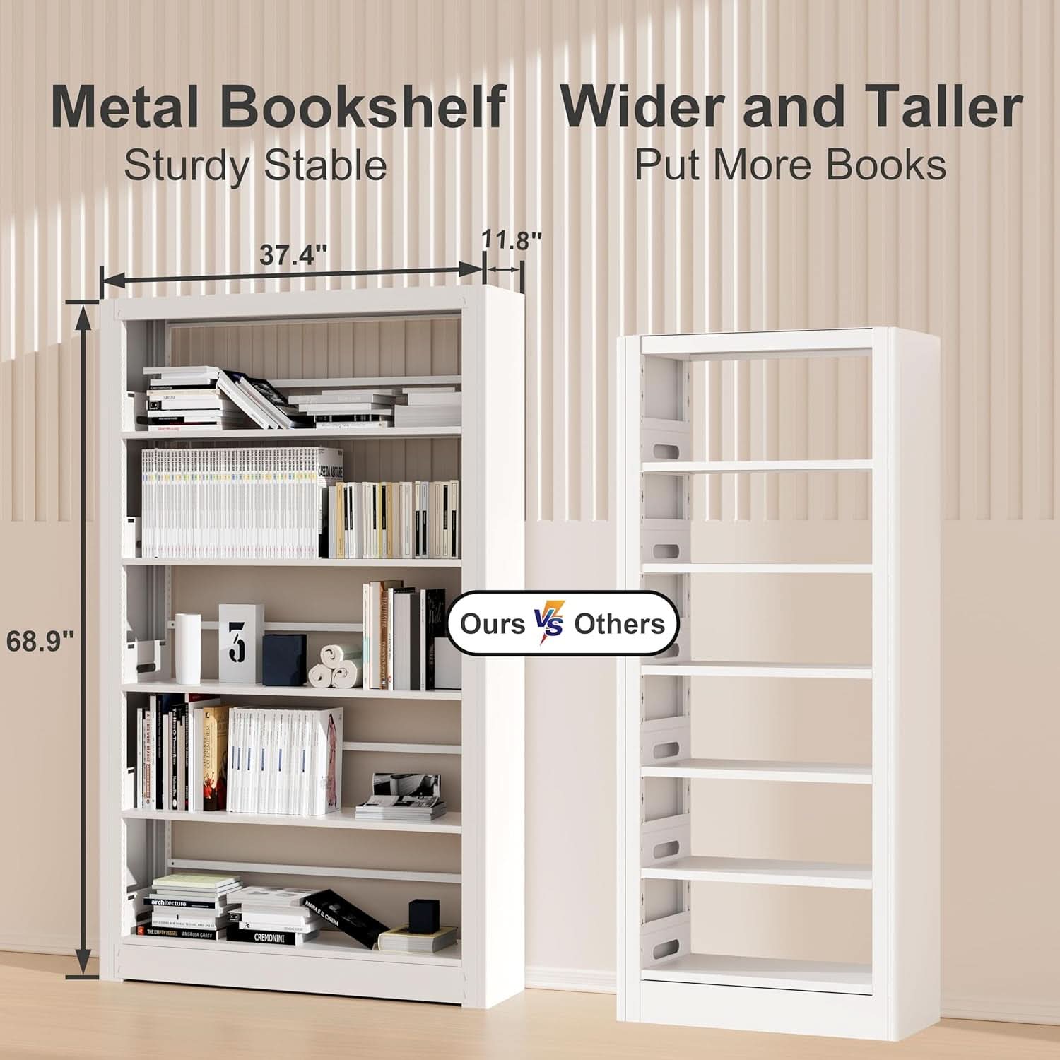 5-Tier White Metal Bookshelf With Adjustable Shelves