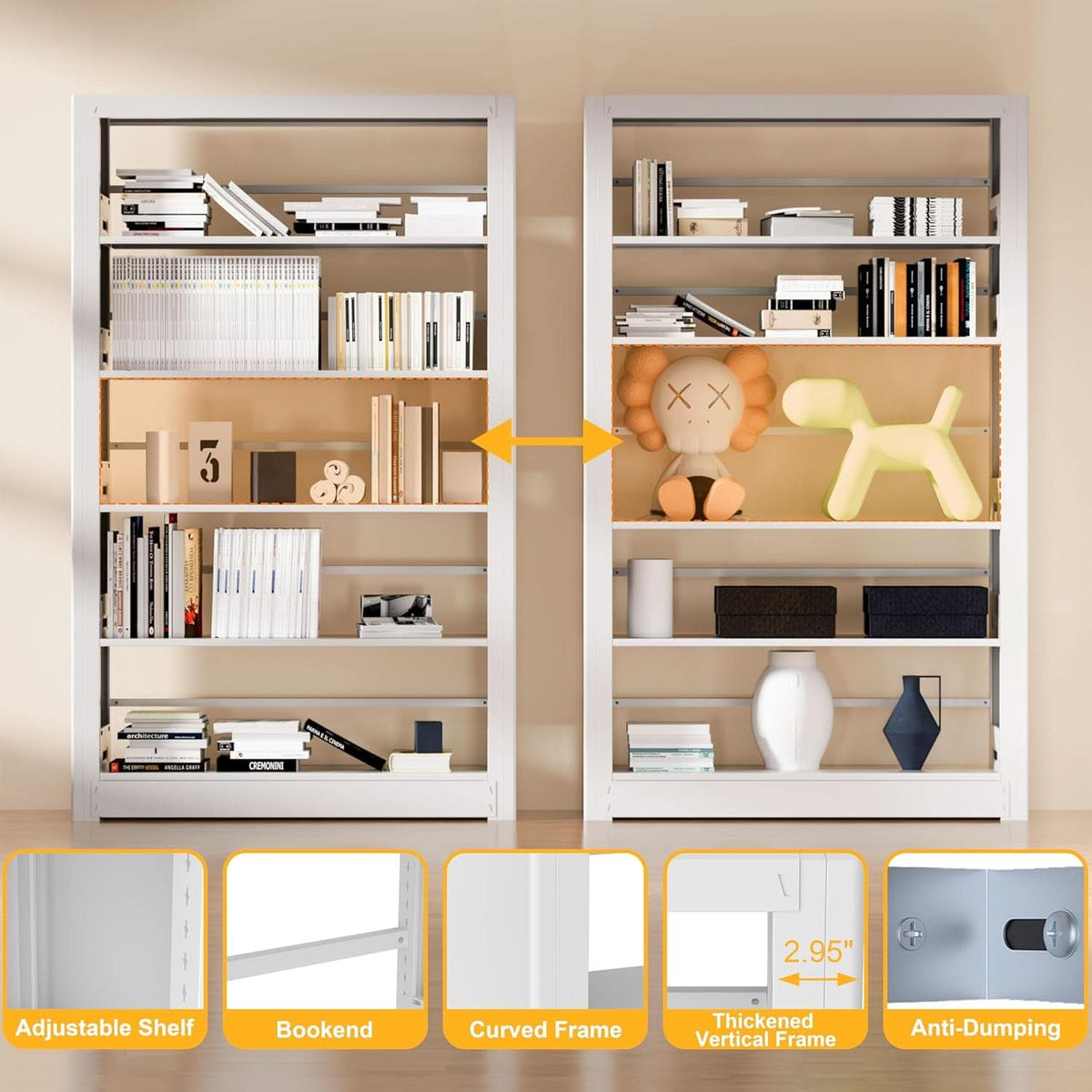 5-Tier White Metal Bookshelf With Adjustable Shelves