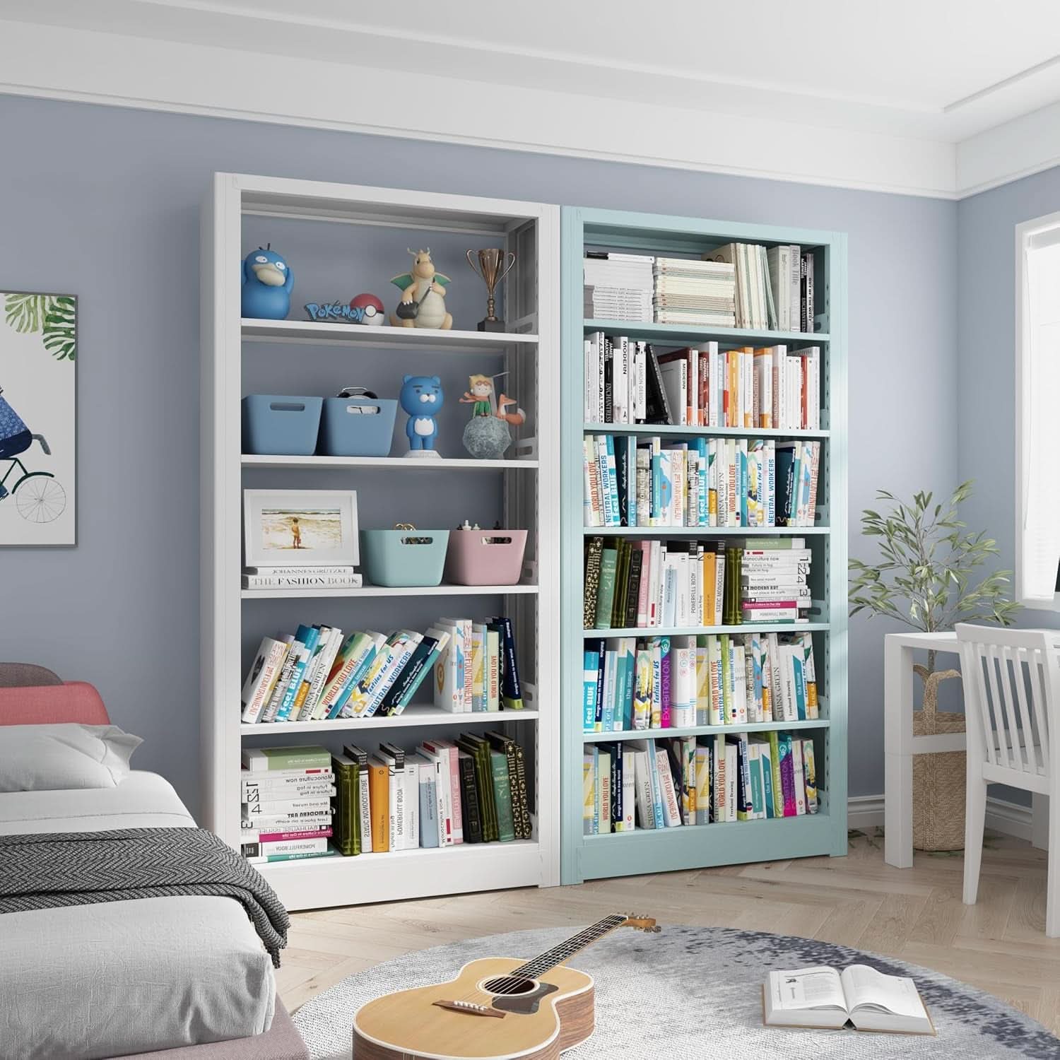 5-Tier White Metal Bookshelf With Adjustable Shelves