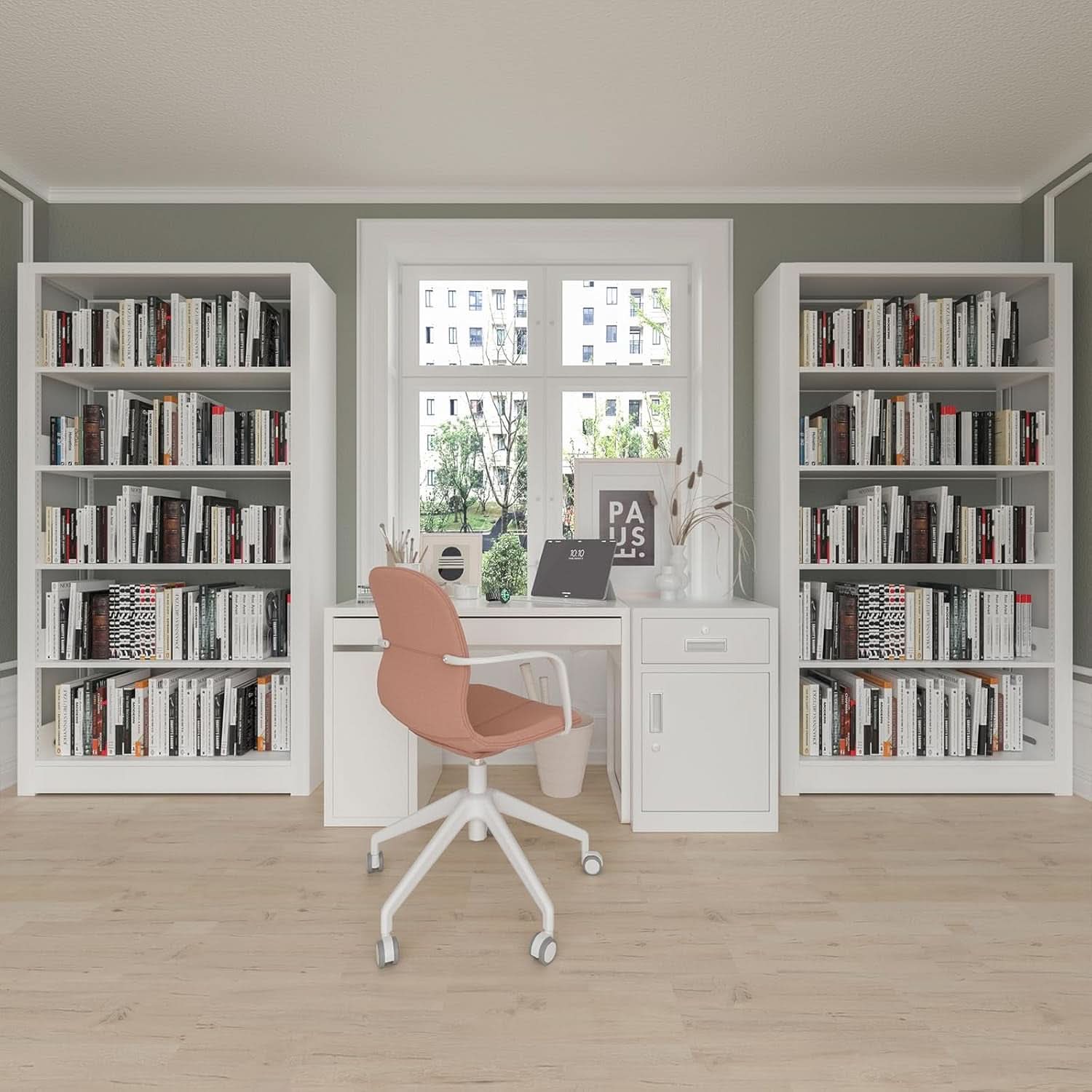 5-Tier White Metal Bookshelf With Adjustable Shelves