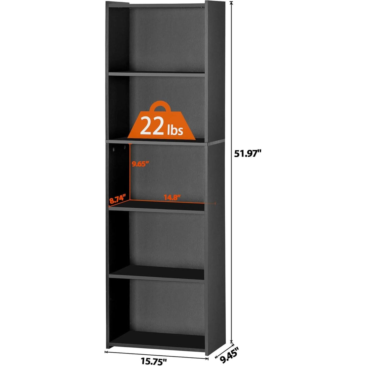 5 Tier Wood Bookcase Freestanding Black Home Office