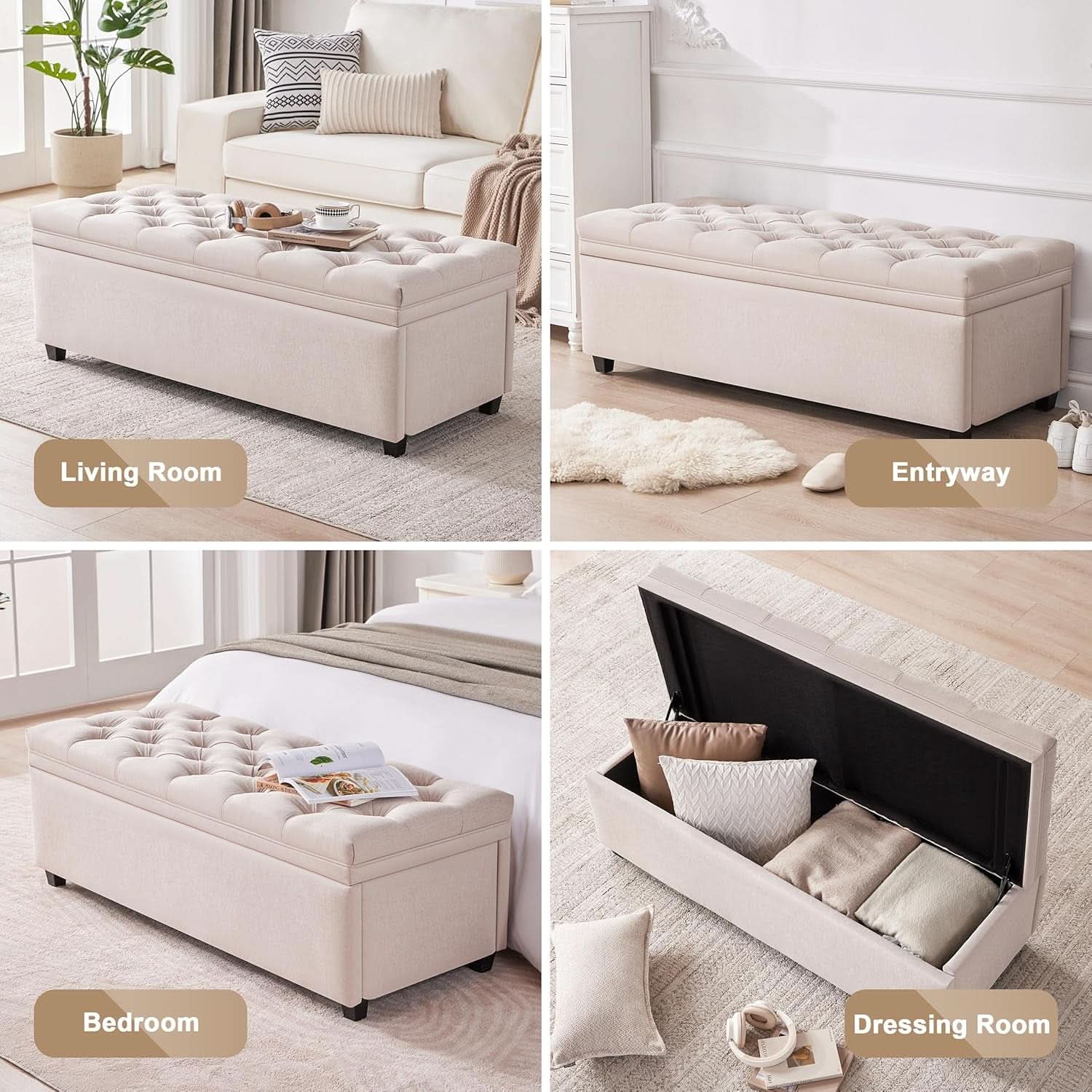 50 Inch Beige Tufted Storage Ottoman Bench Upholstered