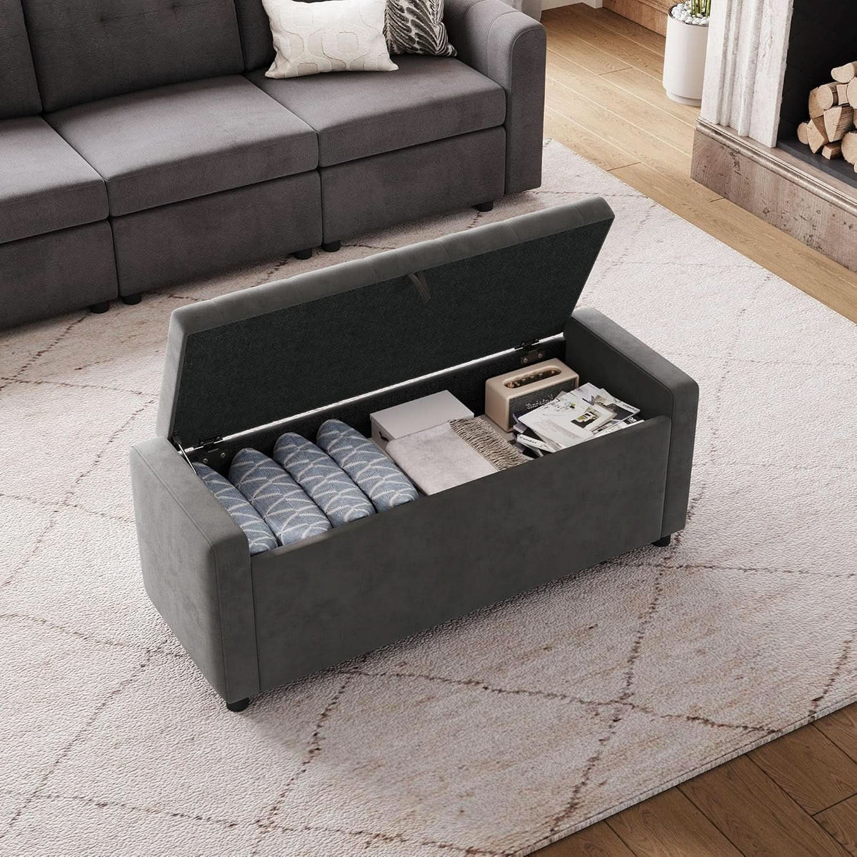 50 Inch Grey Luxurious Upholstered Storage Ottoman