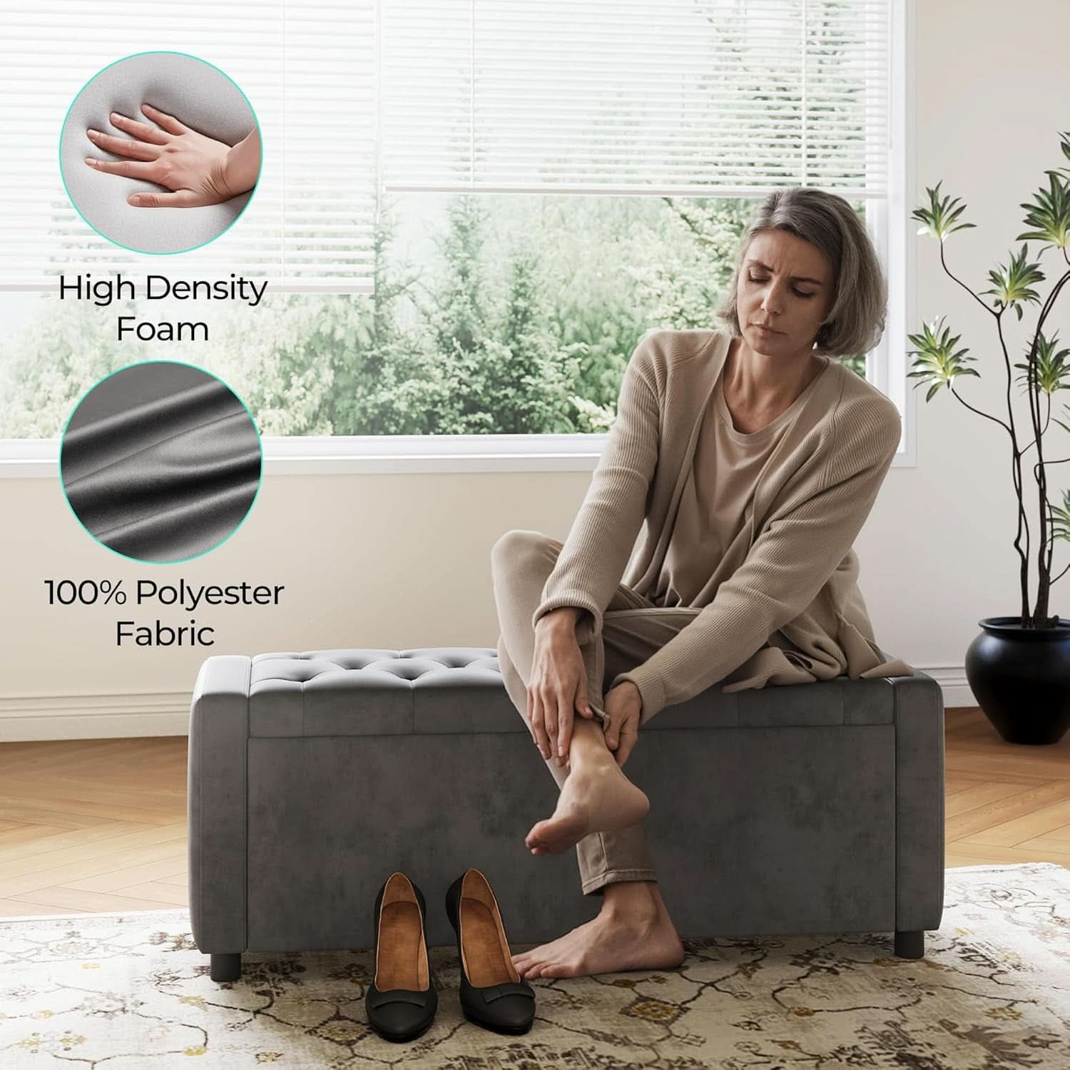 50 Inch Grey Luxurious Upholstered Storage Ottoman