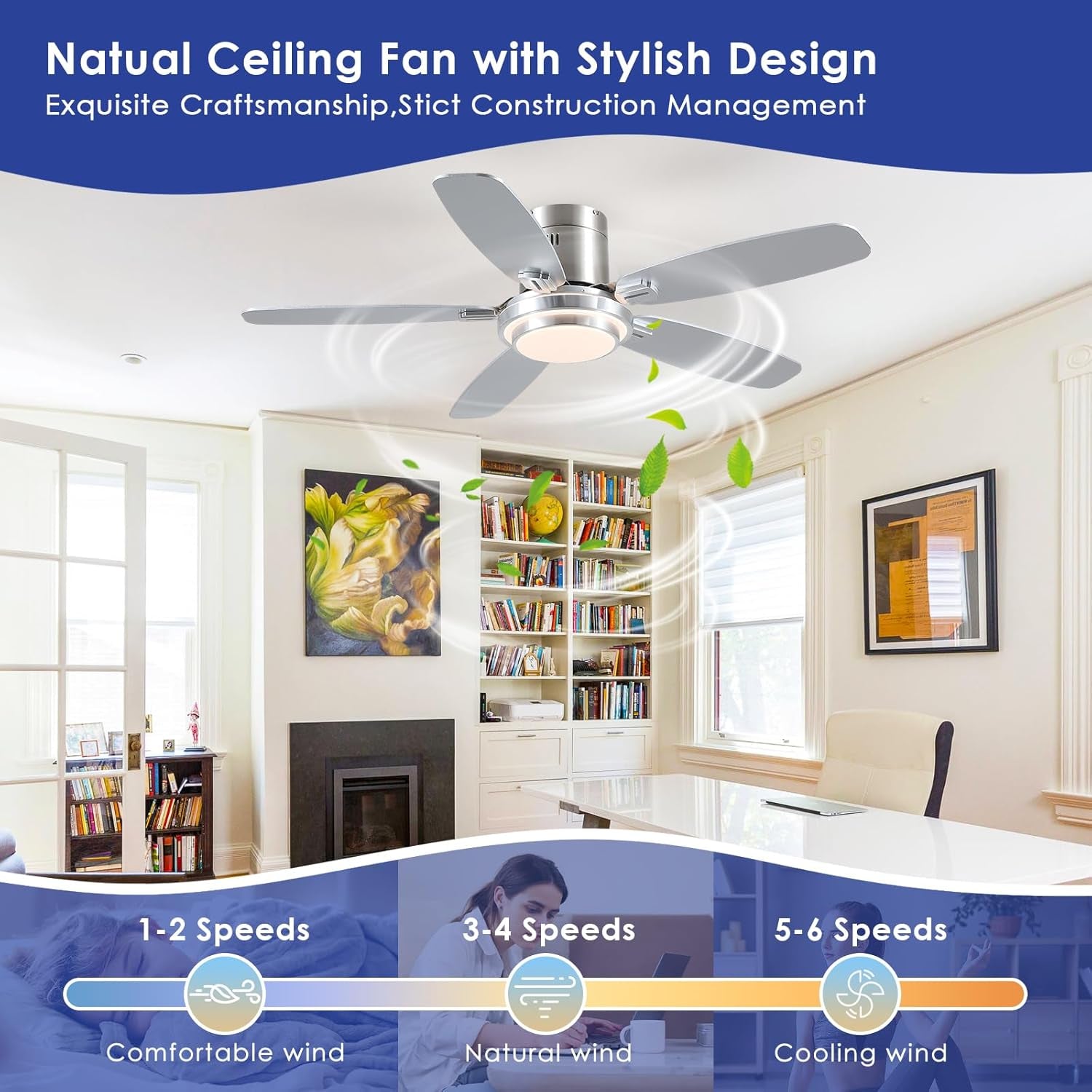 50 Inch Nickel Flush Mount Ceiling Fan With Remote