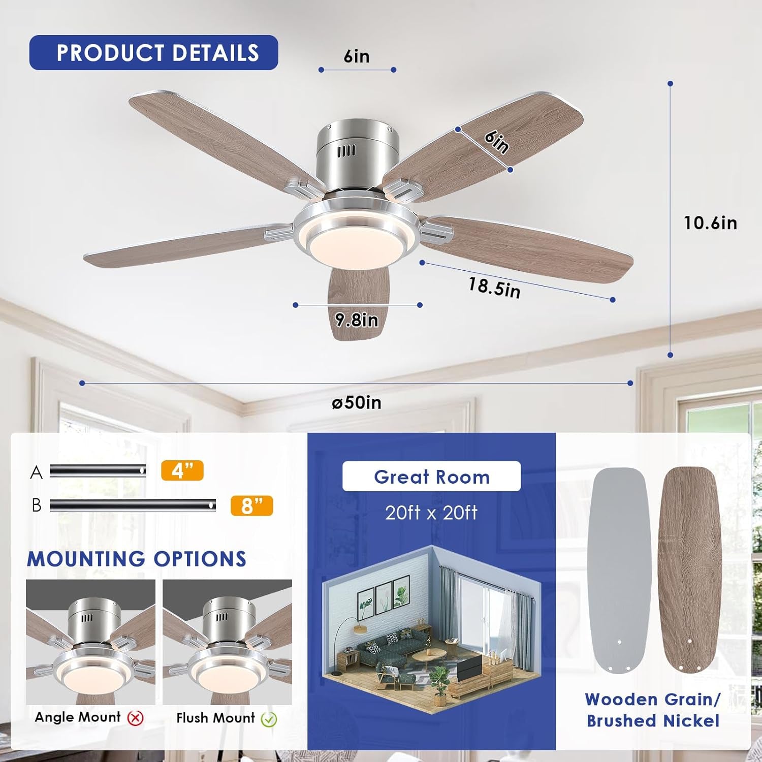 50 Inch Nickel Flush Mount Ceiling Fan With Remote