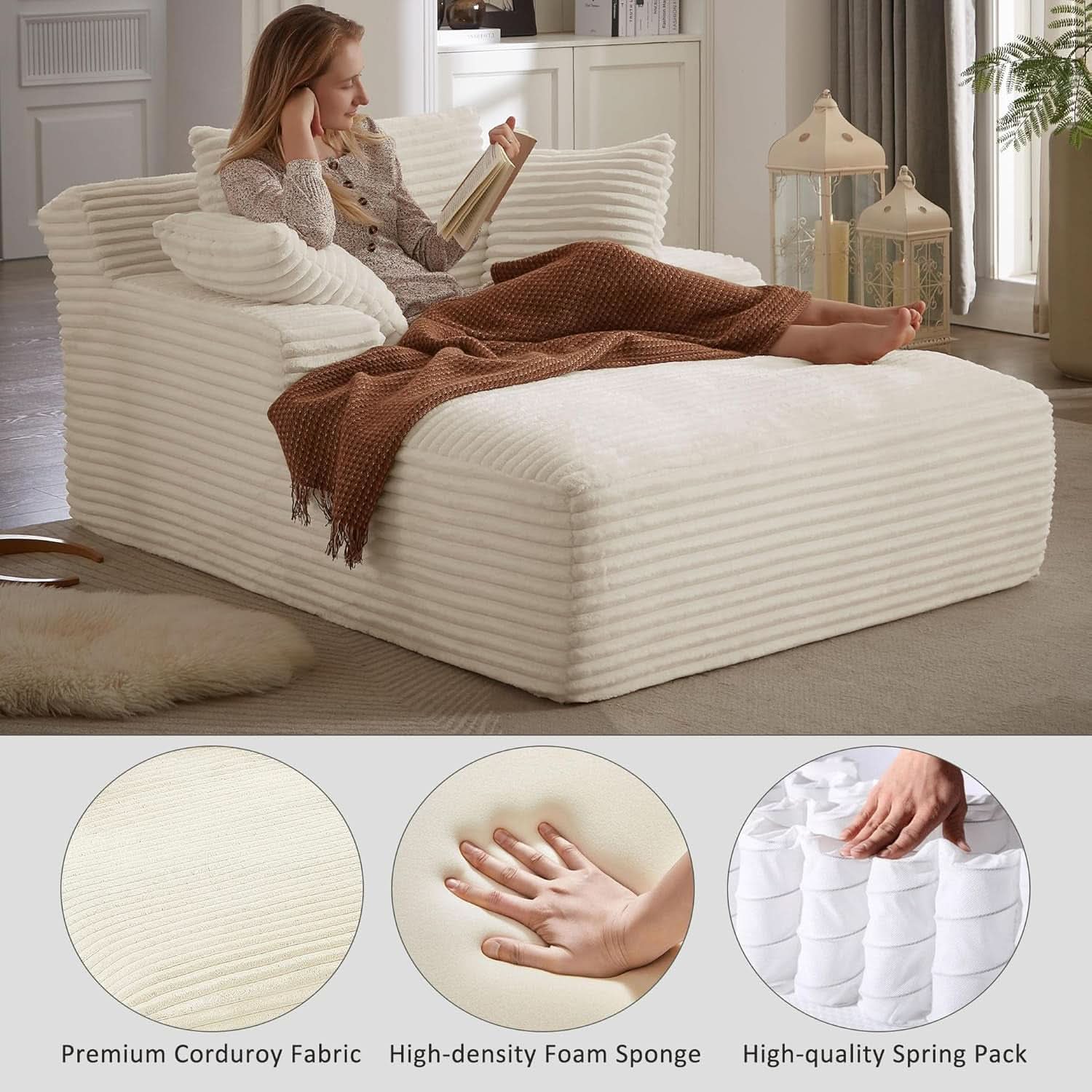 50-Inch Oversized Corduroy Chaise Lounge Chair in White with Pillows