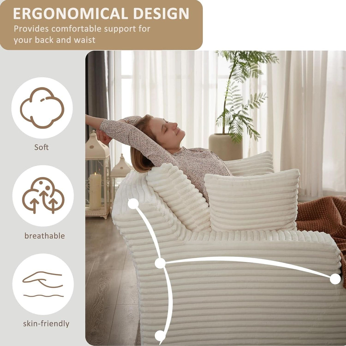 50-Inch Oversized Corduroy Chaise Lounge Chair in White with Pillows