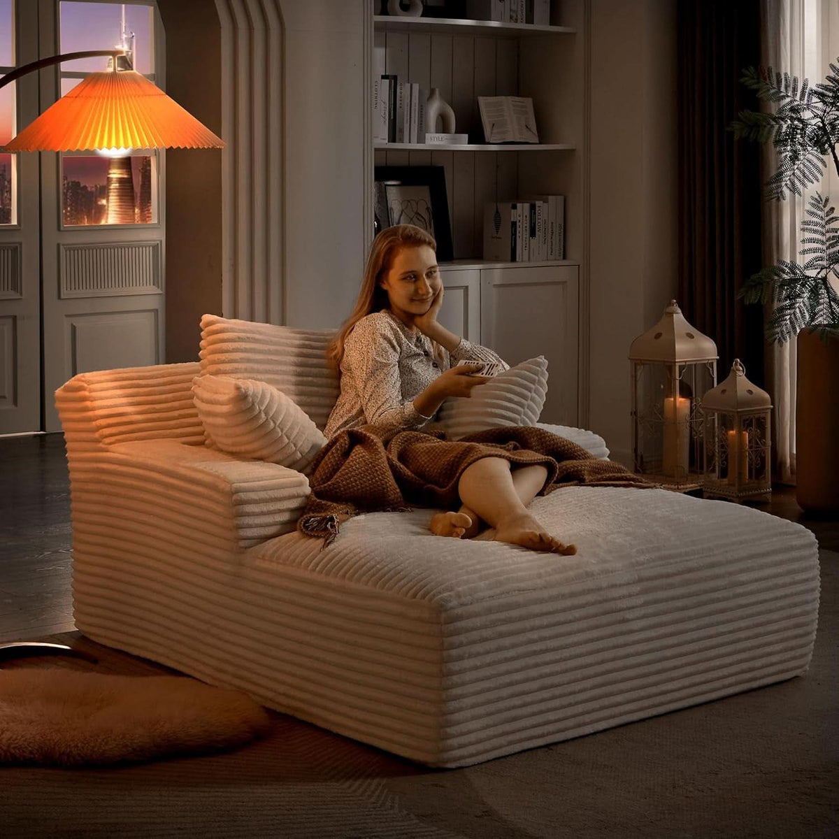50-Inch Oversized Corduroy Chaise Lounge Chair in White with Pillows