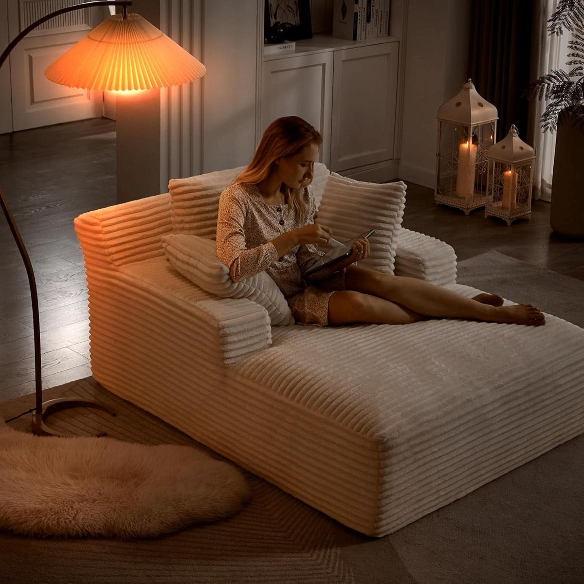 50-Inch Oversized Corduroy Chaise Lounge Chair in White with Pillows