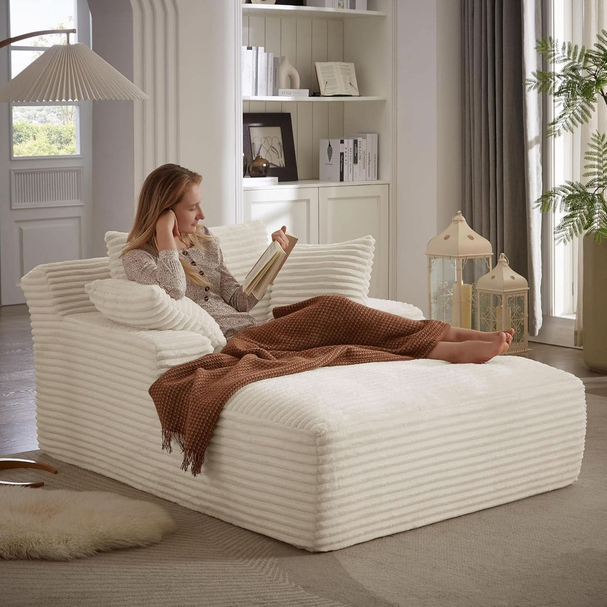 50-Inch Oversized Corduroy Chaise Lounge Chair in White with Pillows