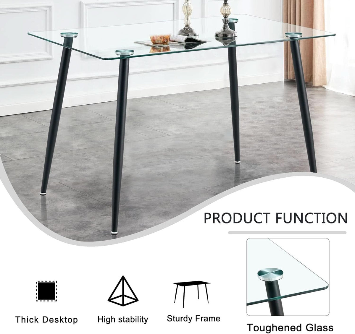 51 Inch Glass Dining Table For 4 With Tempered Glass Top