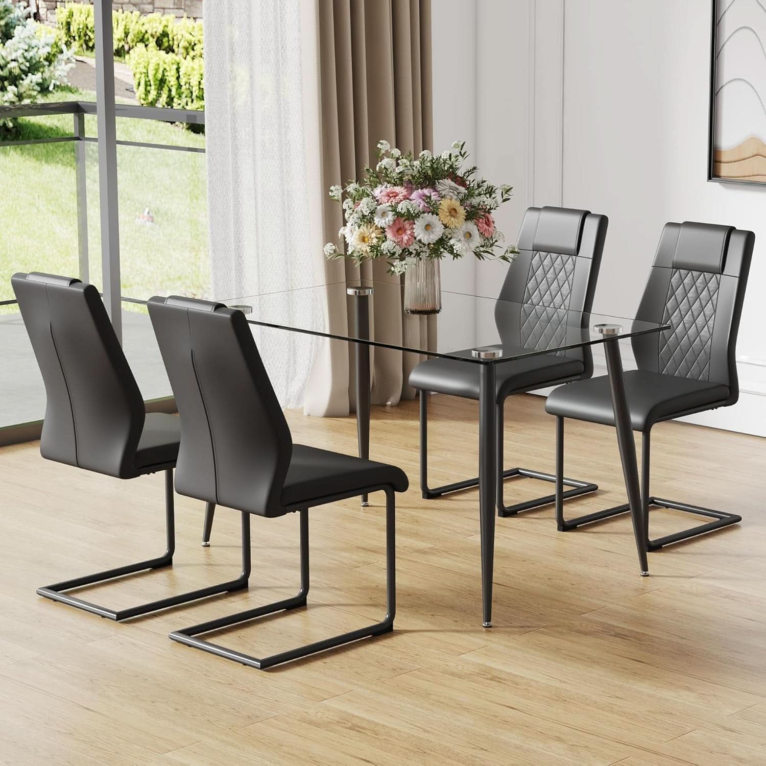 51 Inch Glass Dining Table For 4 With Tempered Glass Top