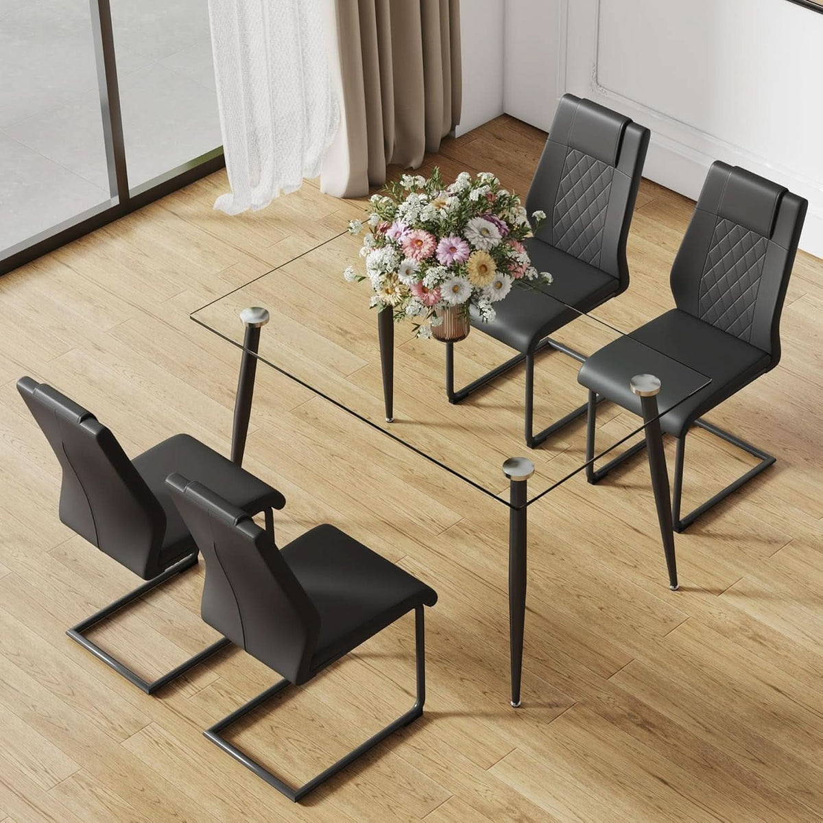 51 Inch Glass Dining Table For 4 With Tempered Glass Top