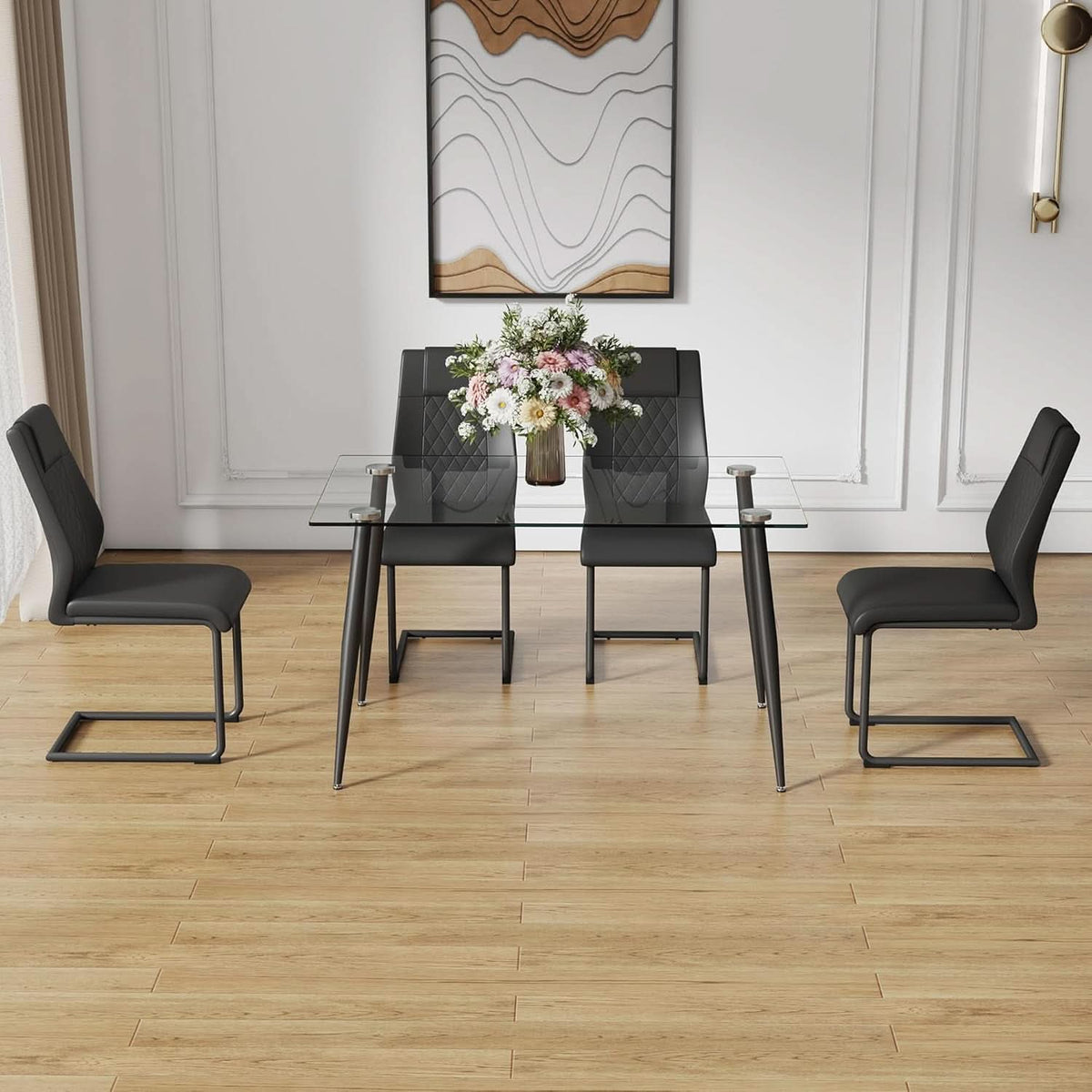 51 Inch Glass Dining Table For 4 With Tempered Glass Top