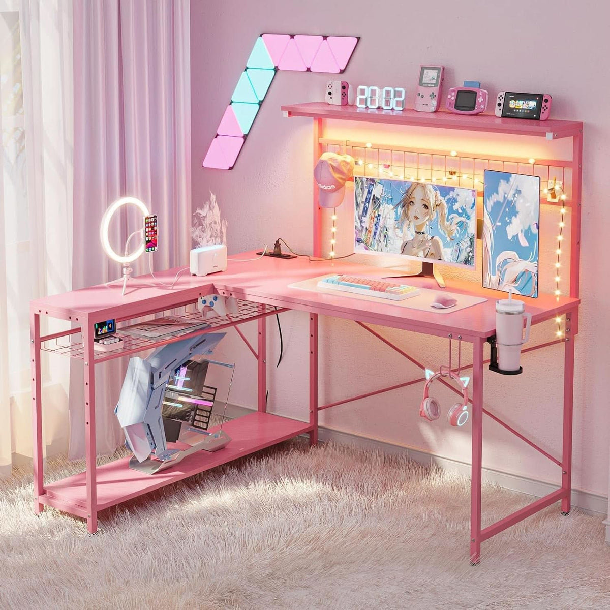51 Inch L Shaped Gaming Desk Pink With Power Outlets And LED Lights