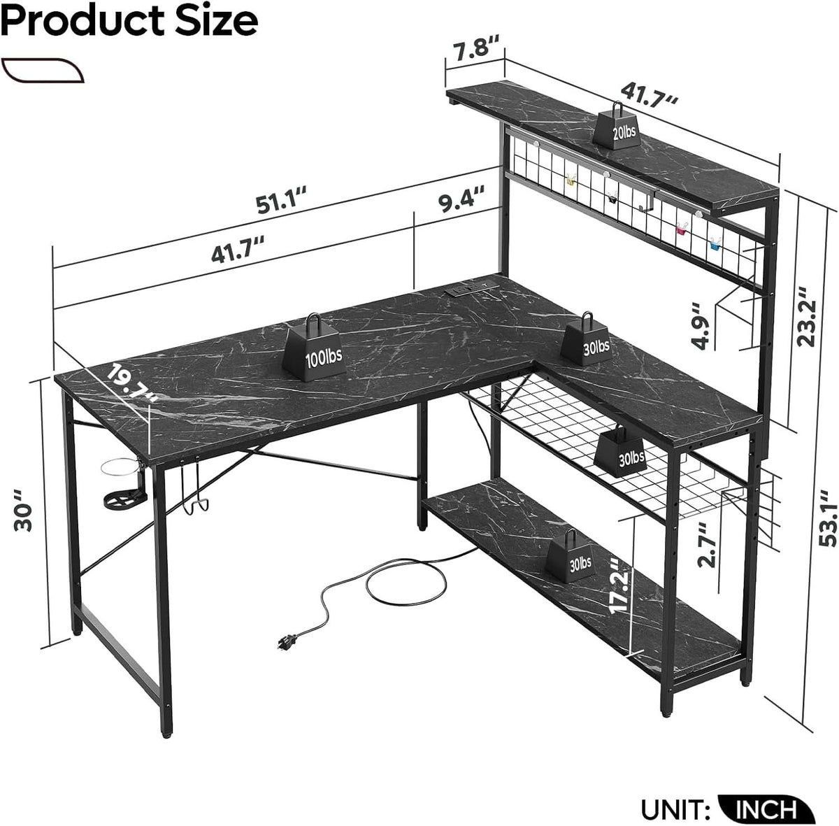 51 Inch L Shaped Gaming Desk With LED Lights 4 Tier Shelves