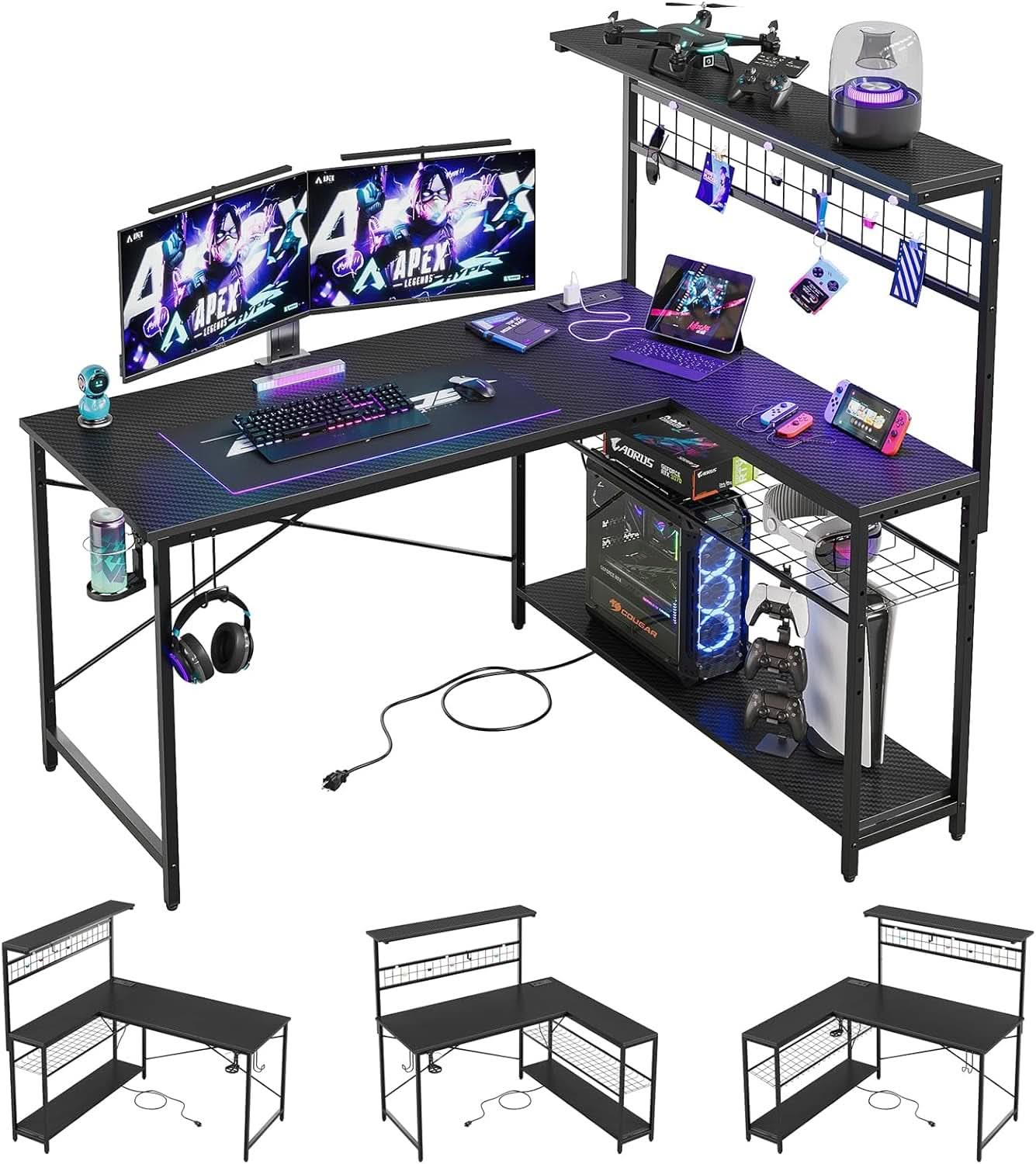 51-Inch L-Shaped Gaming Desk With LED Lights For Office