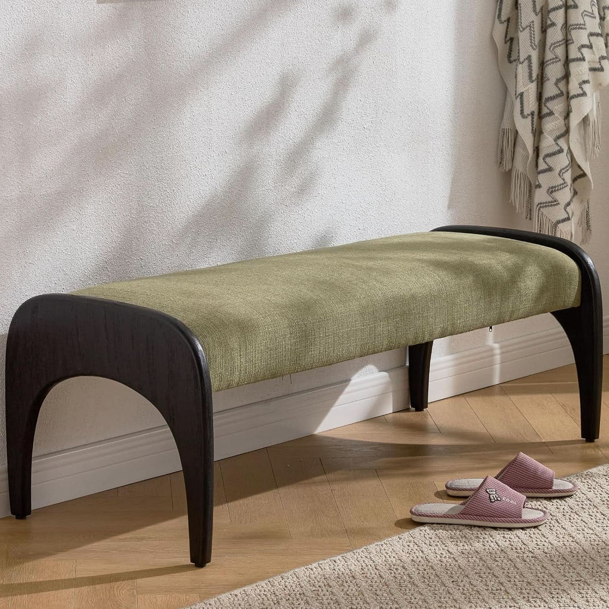 51 Inches Wide Linen Textured Emerald Ottoman Bench