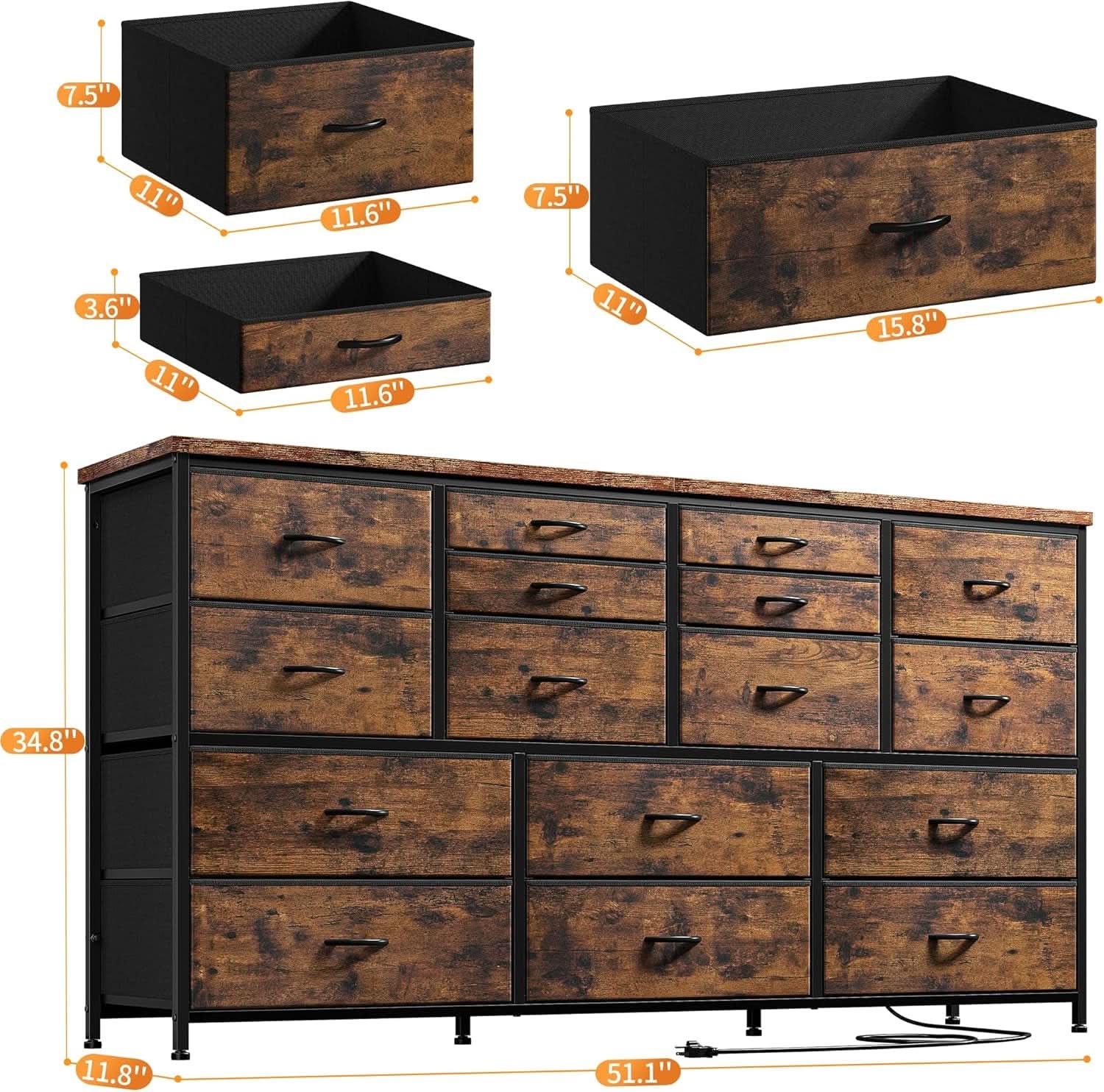 51.1 Inch TV Stand Dresser With 16 Drawers Charging Station