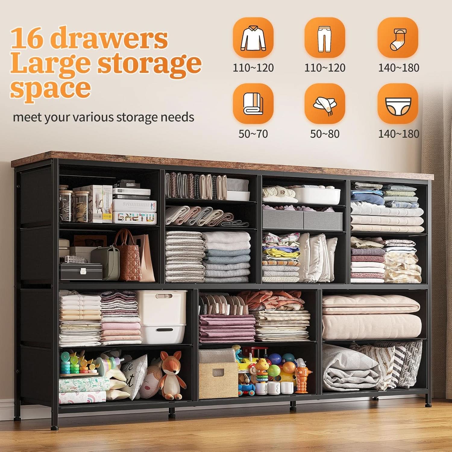 51.1 Inch TV Stand Dresser With 16 Drawers Charging Station