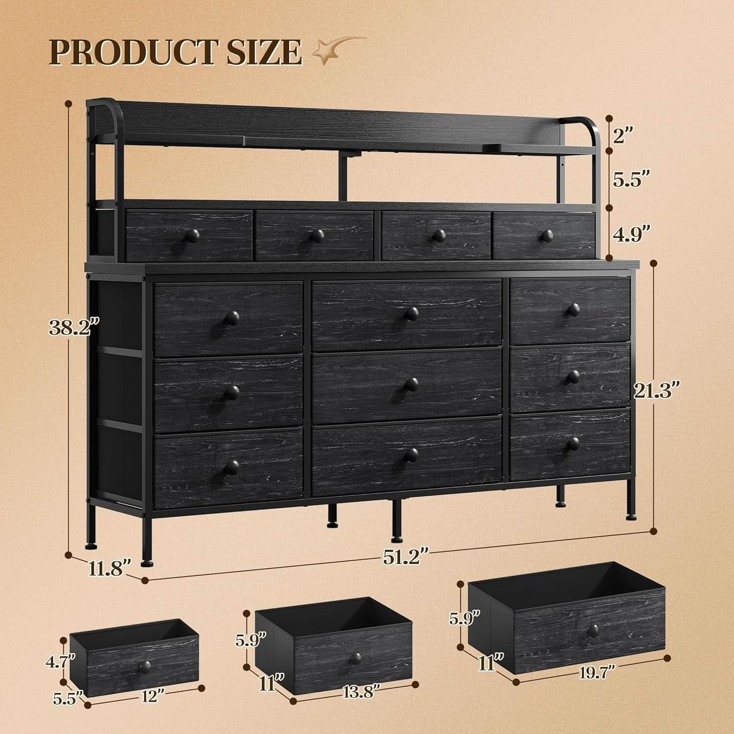 51.2 Inch Wide Black Dresser With 13 Drawers And LED Lights
