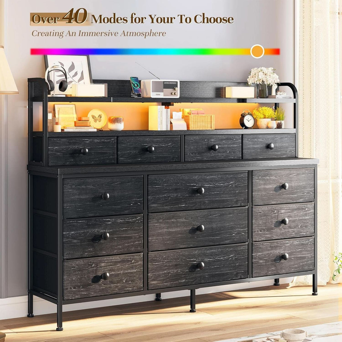 51.2 Inch Wide Black Dresser With 13 Drawers And LED Lights