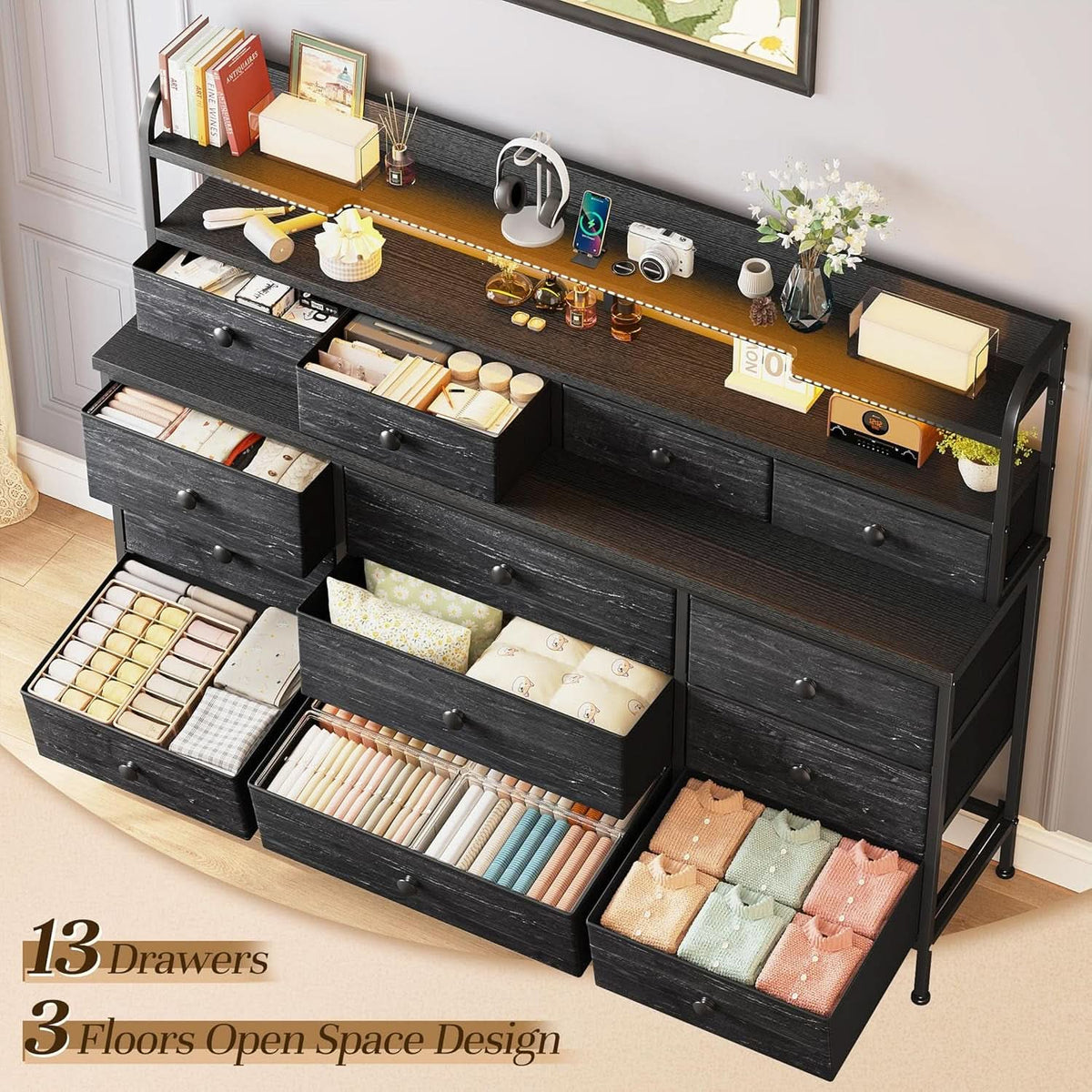 51.2 Inch Wide Black Dresser With 13 Drawers And LED Lights