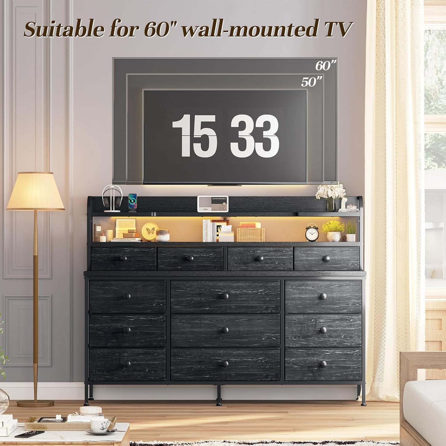 51.2 Inch Wide Black Dresser With 13 Drawers And LED Lights