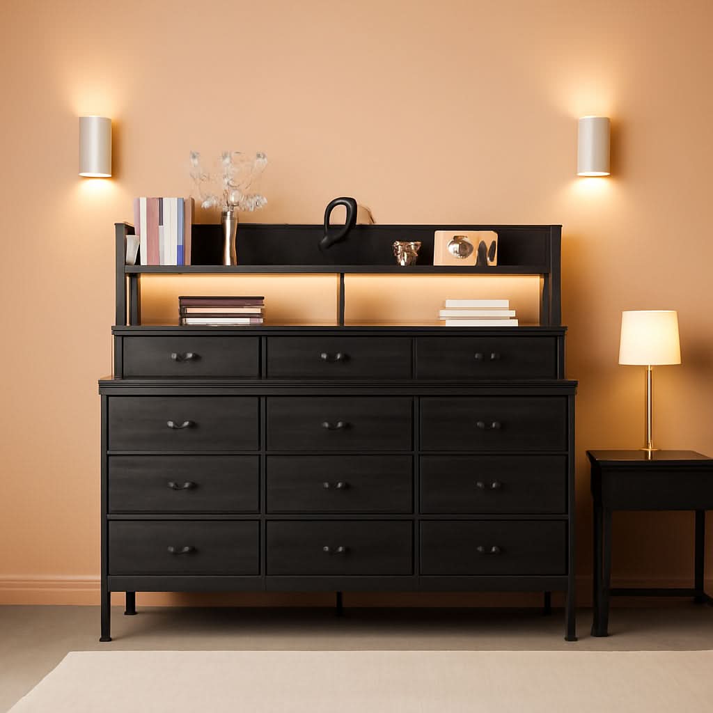51.2 Inch Wide Black Dresser With 13 Drawers And LED Lights