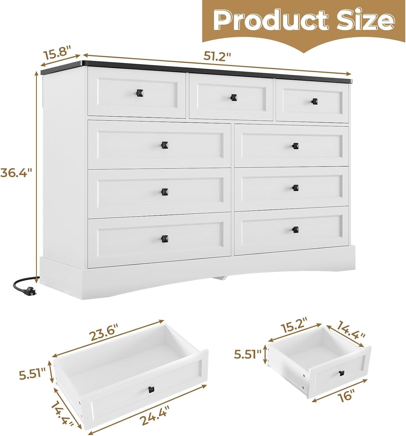 51.2 Inch Wide Dresser With 9 Drawers White Black Farmhouse