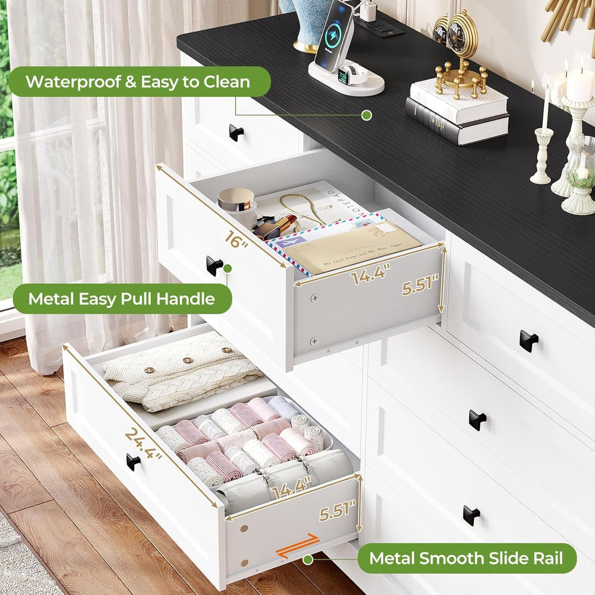 51.2 Inch Wide Dresser With 9 Drawers White Black Farmhouse