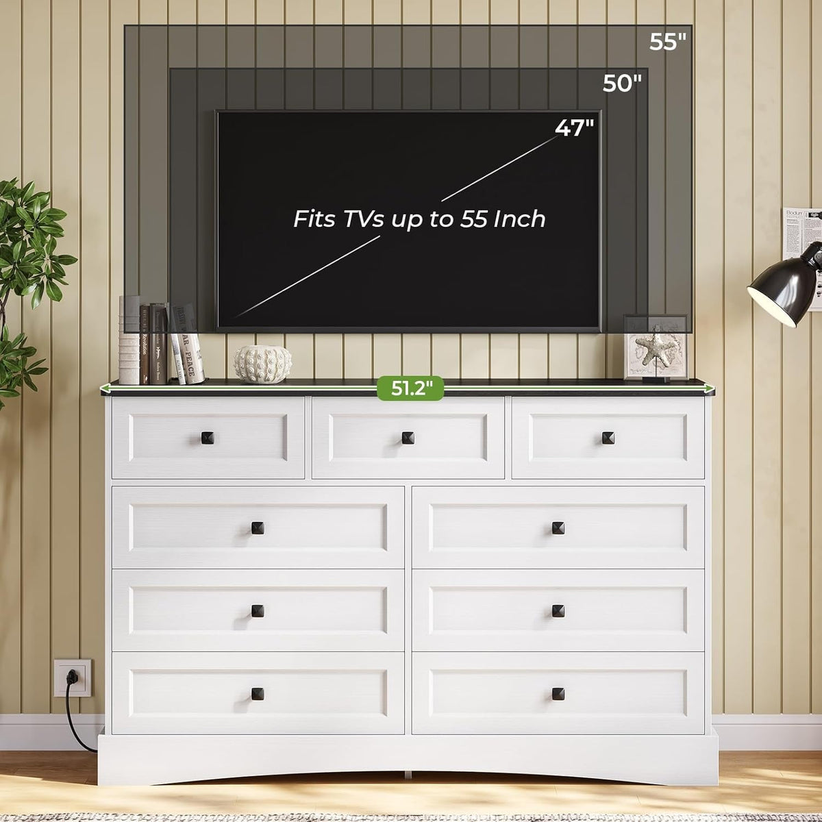 51.2 Inch Wide Dresser With 9 Drawers White Black Farmhouse