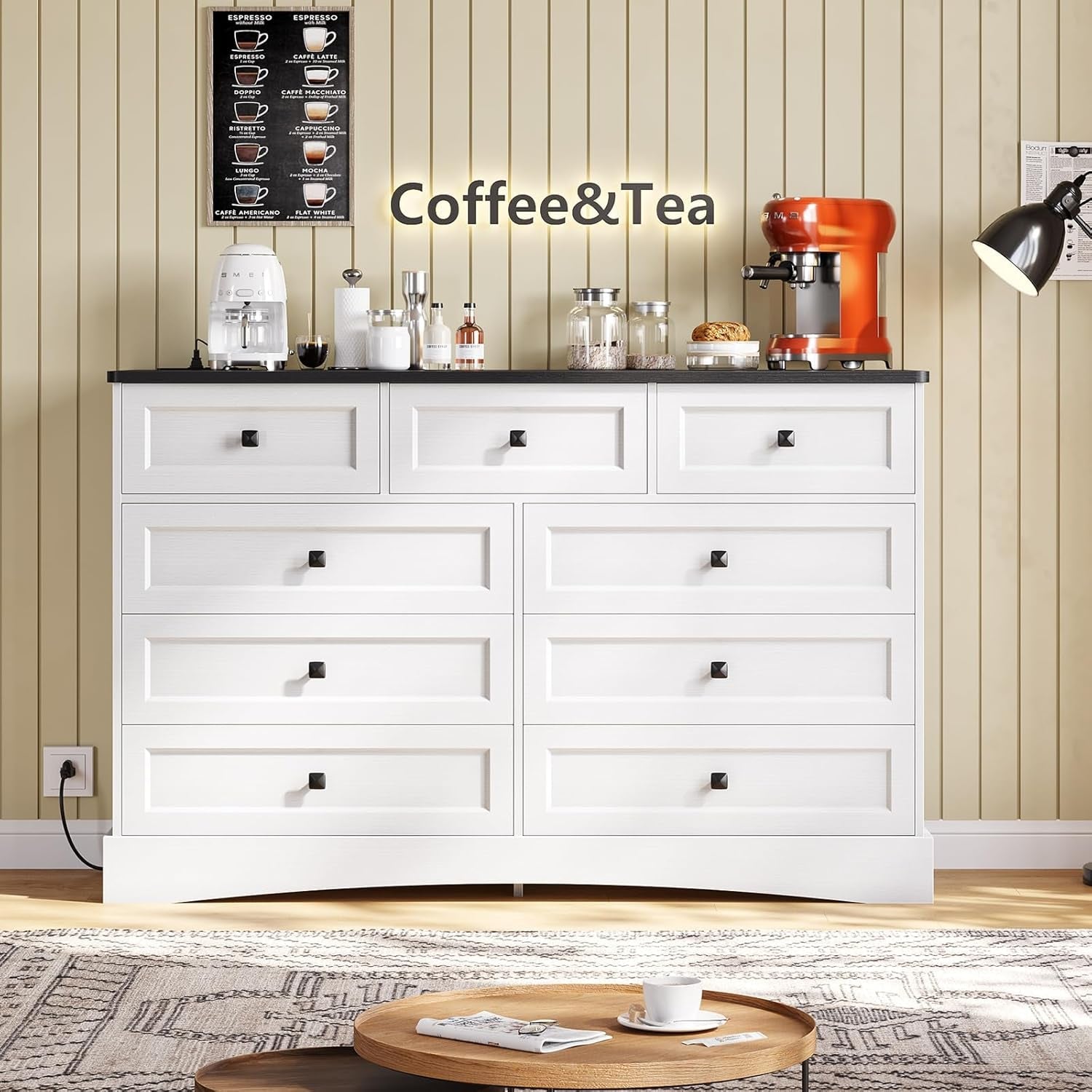 51.2 Inch Wide Dresser With 9 Drawers White Black Farmhouse