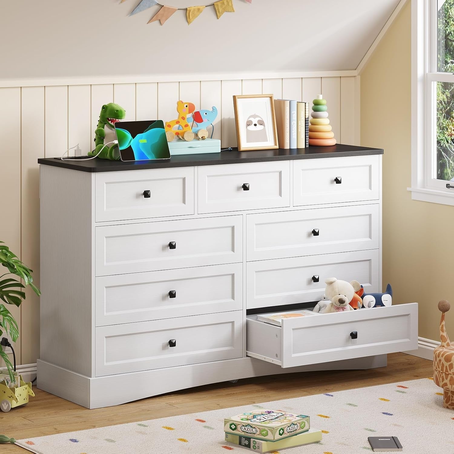 51.2 Inch Wide Dresser With 9 Drawers White Black Farmhouse